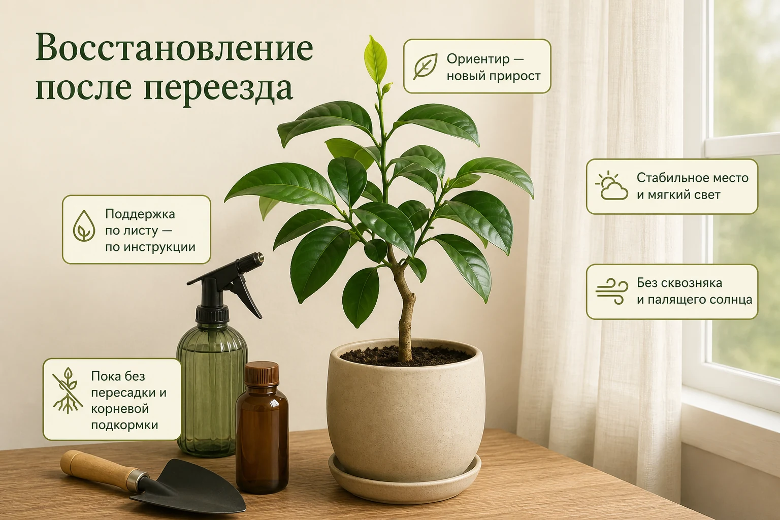 После переезда цитрусу дают стабильное место, мягкий свет и время до появления нового терминального прироста.