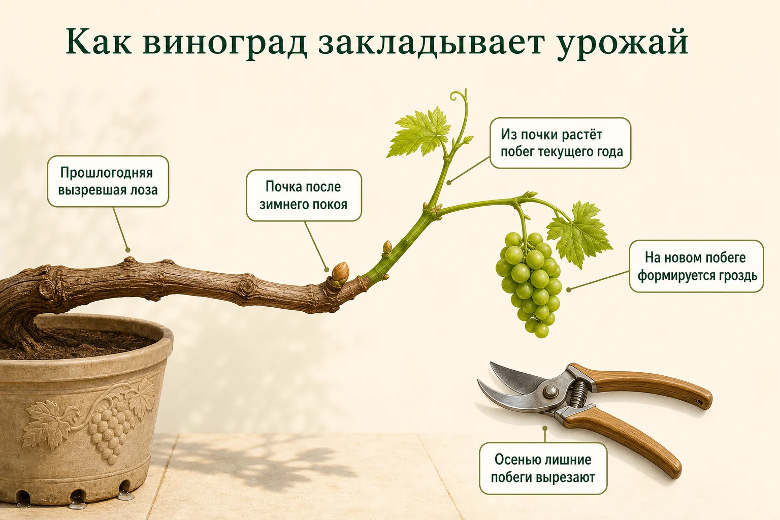 Схема плодоношения винограда: новый побег с гроздью растёт из почки прошлогодней вызревшей лозы.