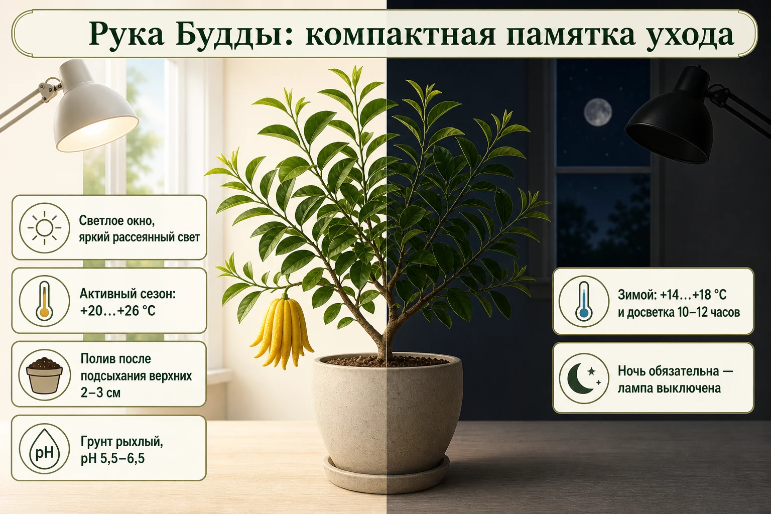 Одно дерево цитрона Рука Будды с памяткой по свету, температуре, поливу, грунту и зимнему режиму с тёмной ночью.