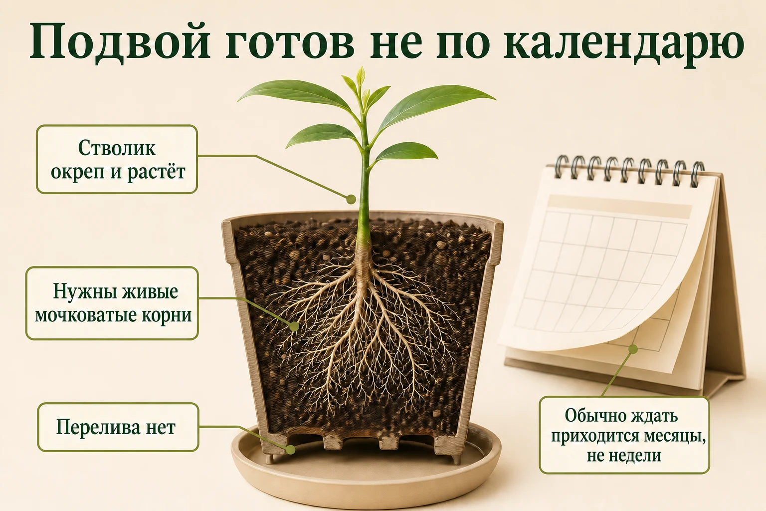 Готовый подвой определяют по живой мочковатой корневой системе, окрепшему стволику и отсутствию перелива, а не по календарю.