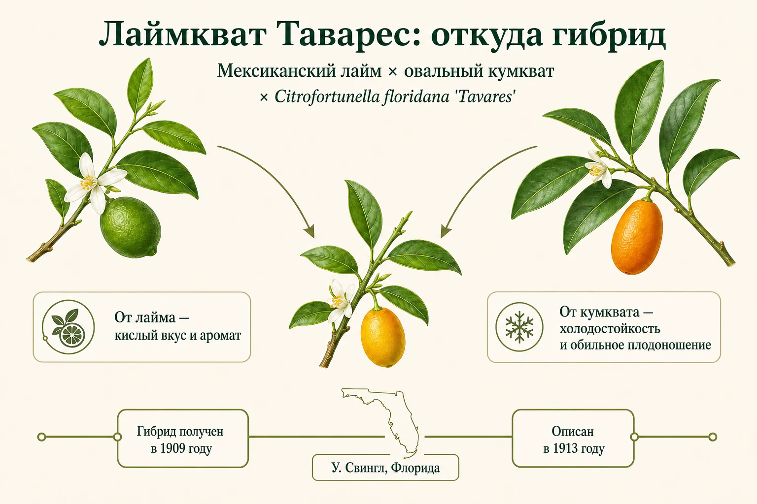 Родословная лаймквата Таварес: мексиканский лайм и овальный кумкват, гибрид У. Свингла 1909 года.