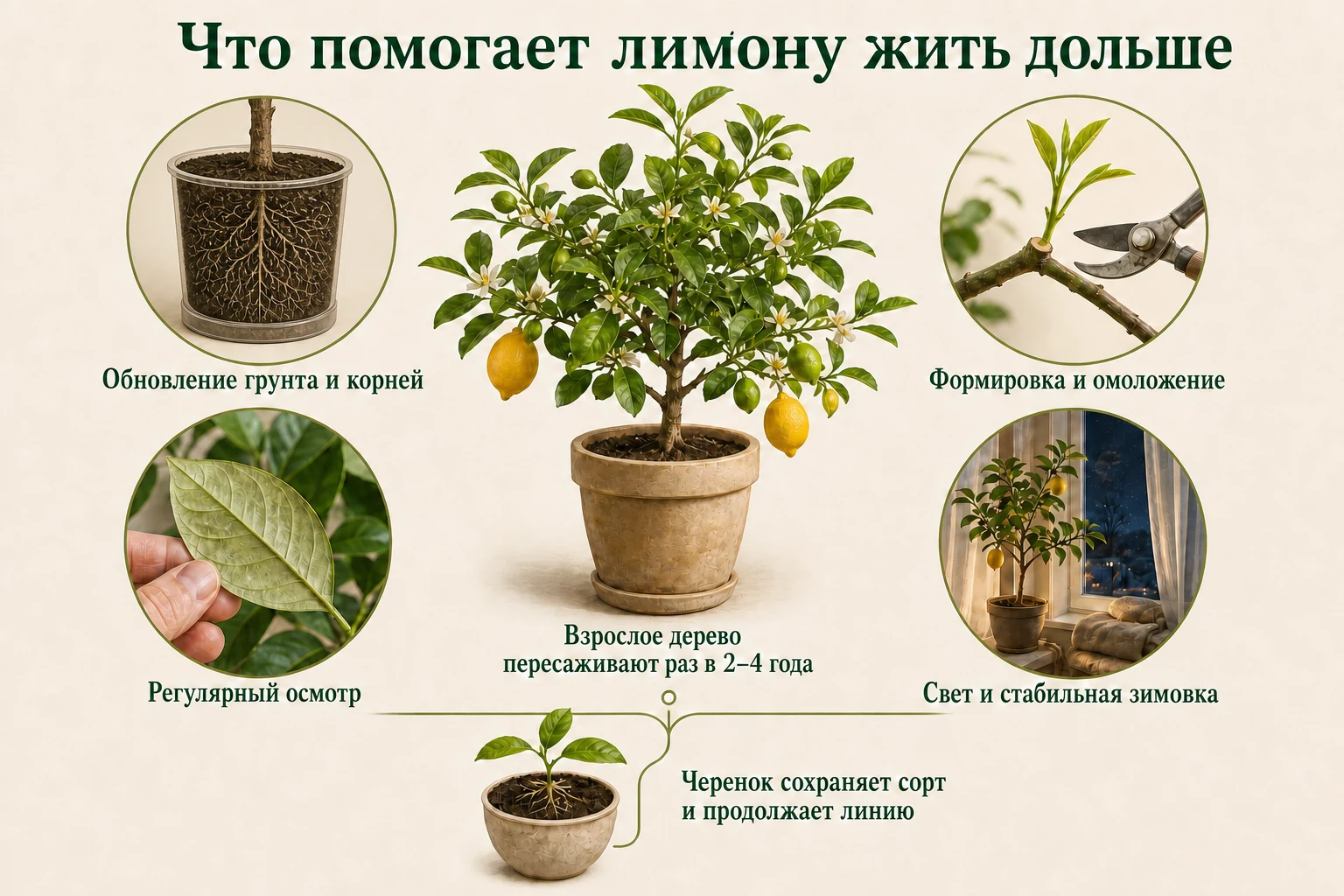 Четыре условия долголетия комнатного лимона — уход за грунтом, формировка, осмотр и стабильные световые условия — и черенок для сохранения сорта.