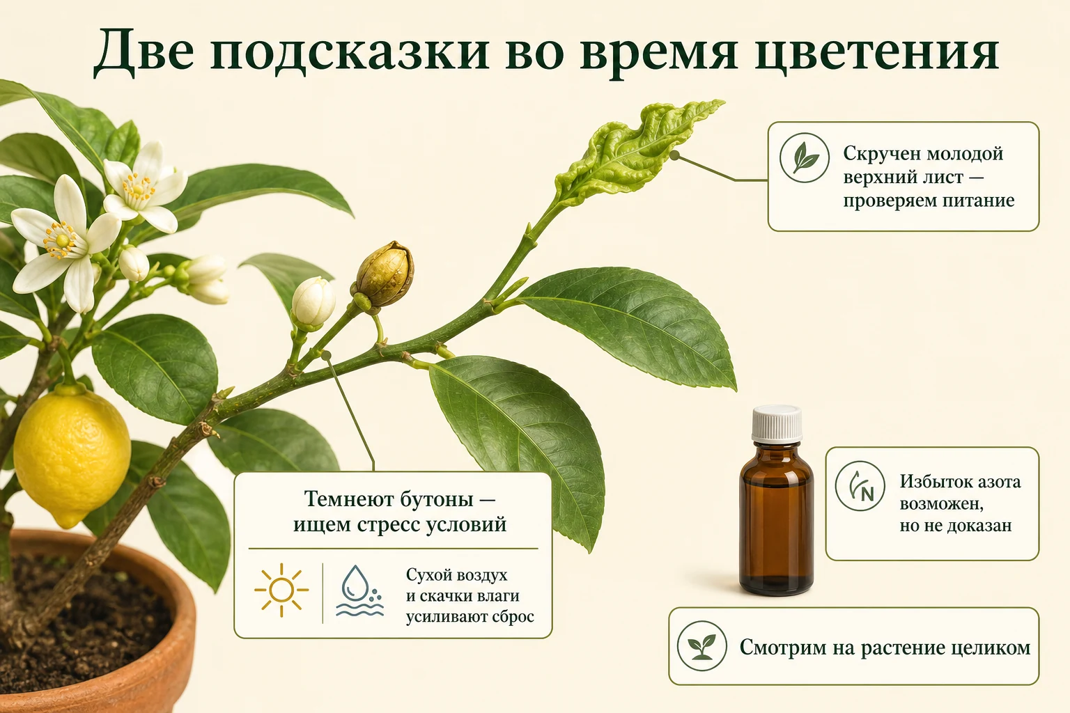 При сбросе бутонов отдельно оценивают стресс условий, а при скручивании молодых верхних листьев — питание и весь уход.