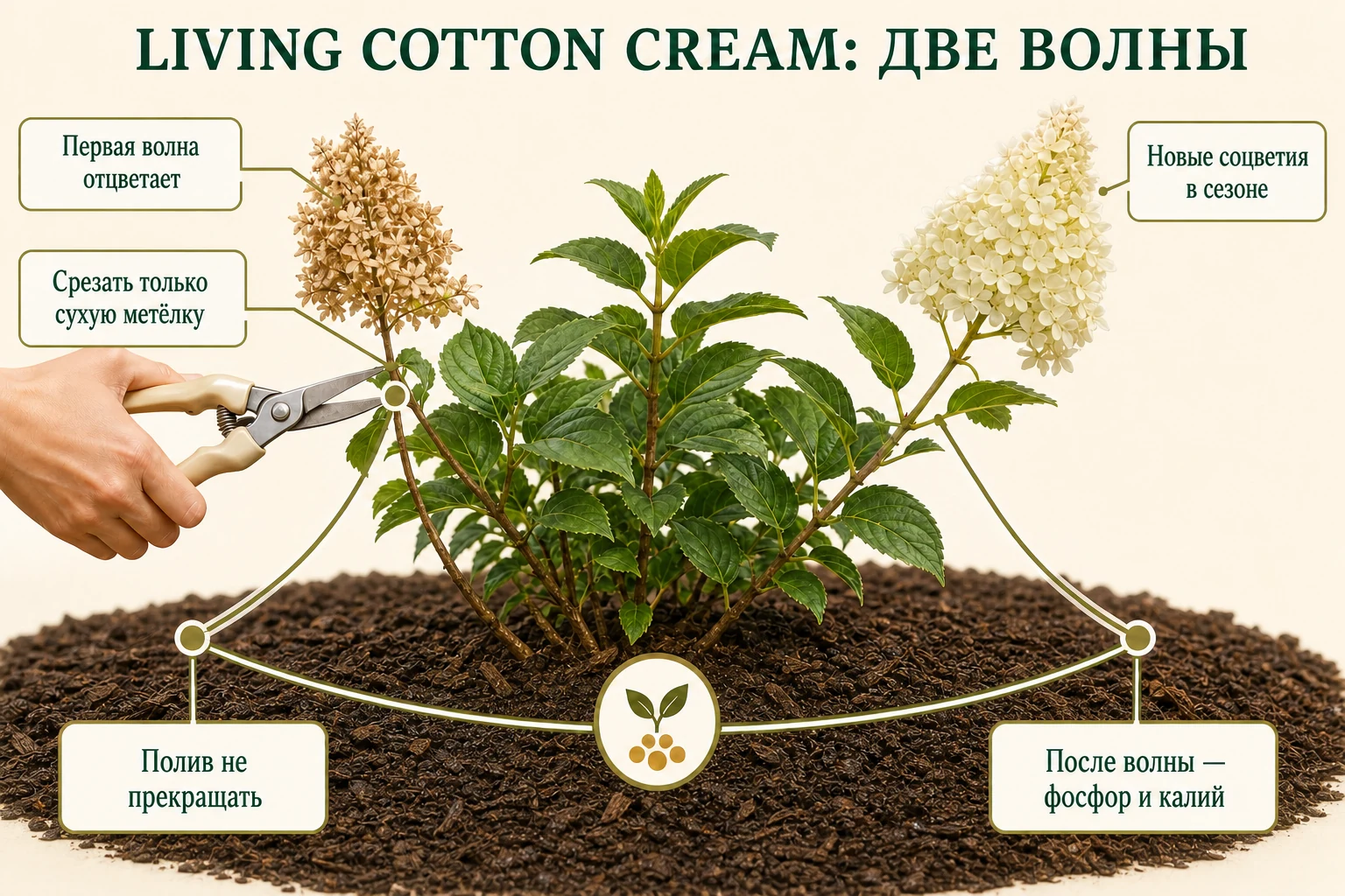 Один куст Living Cotton Cream: удаление сухой метёлки, ровный полив и новый цветущий побег второй волны.