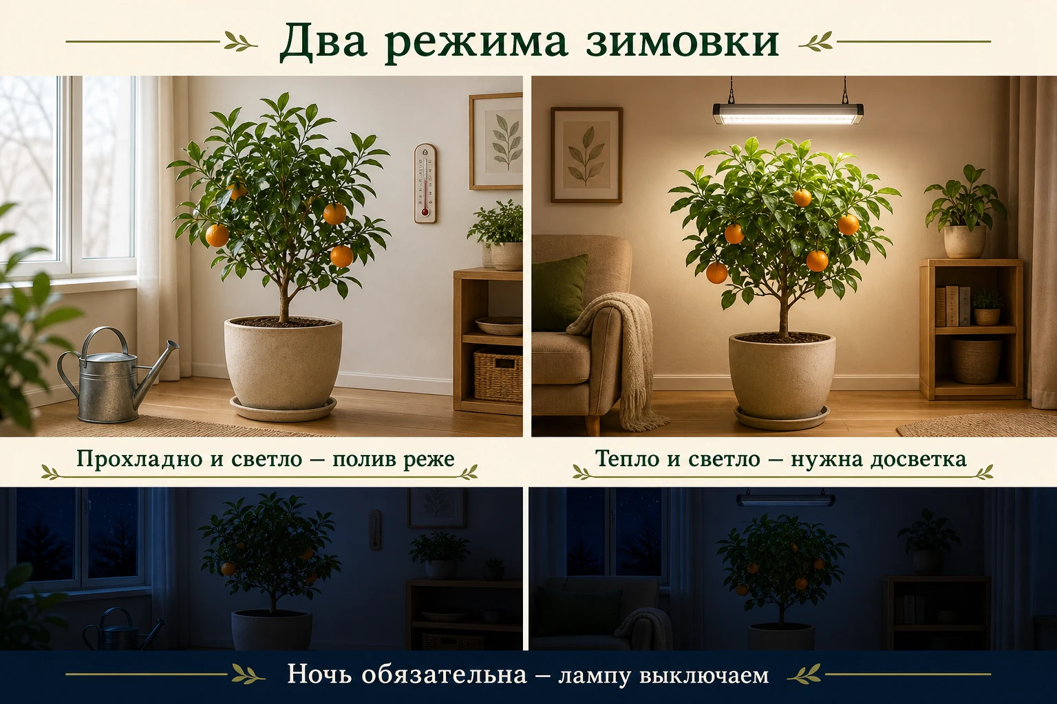 Два режима зимовки цитрусовых: прохладный светлый с более редким поливом и тёплый светлый с дневной досветкой; ночью лампы выключены.