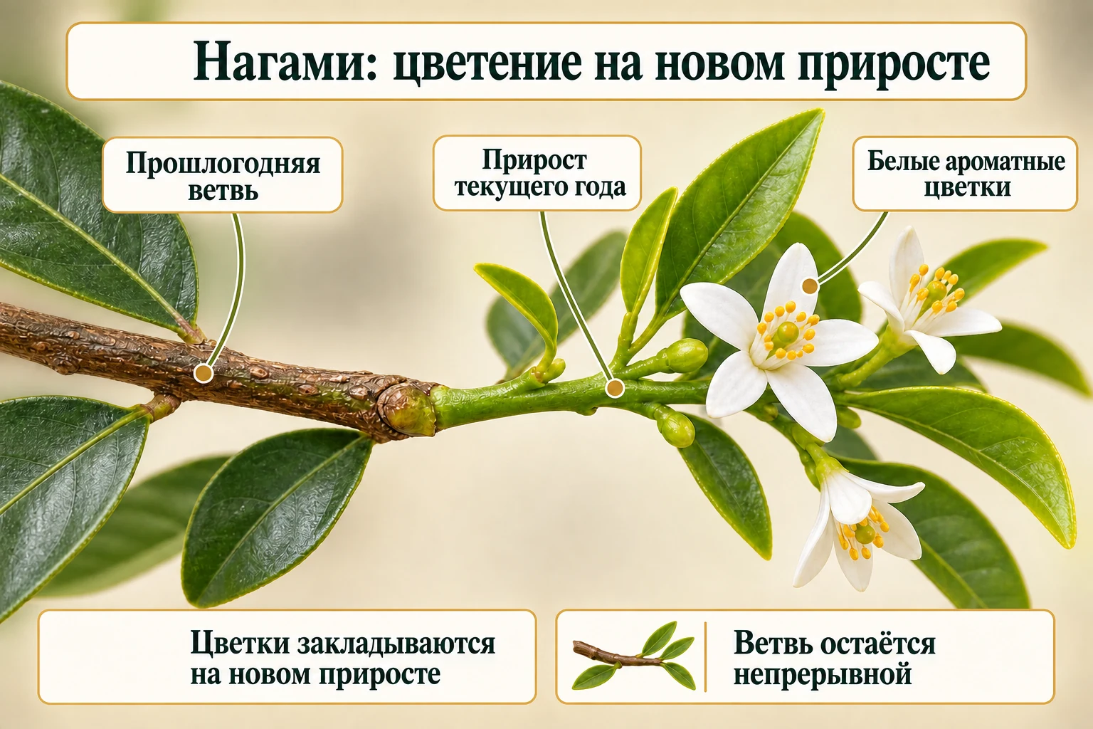 Белые цветки Нагами расположены на зелёном приросте текущего года, соединённом с прошлогодней ветвью.