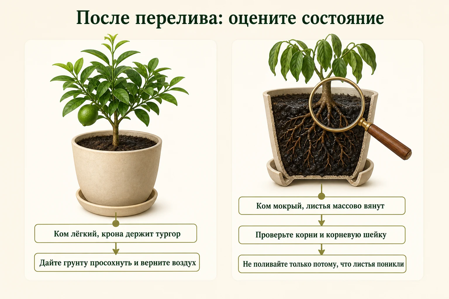 Развилка действий после перелива лимона по состоянию корневого кома, кроны, корней и корневой шейки.