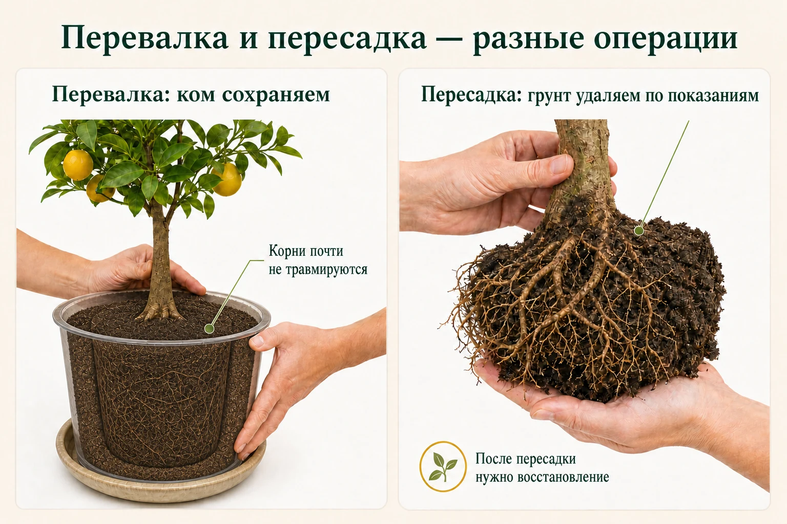 При перевалке земляной ком сохраняют, а при полной пересадке грунт снимают с корней только по показаниям.