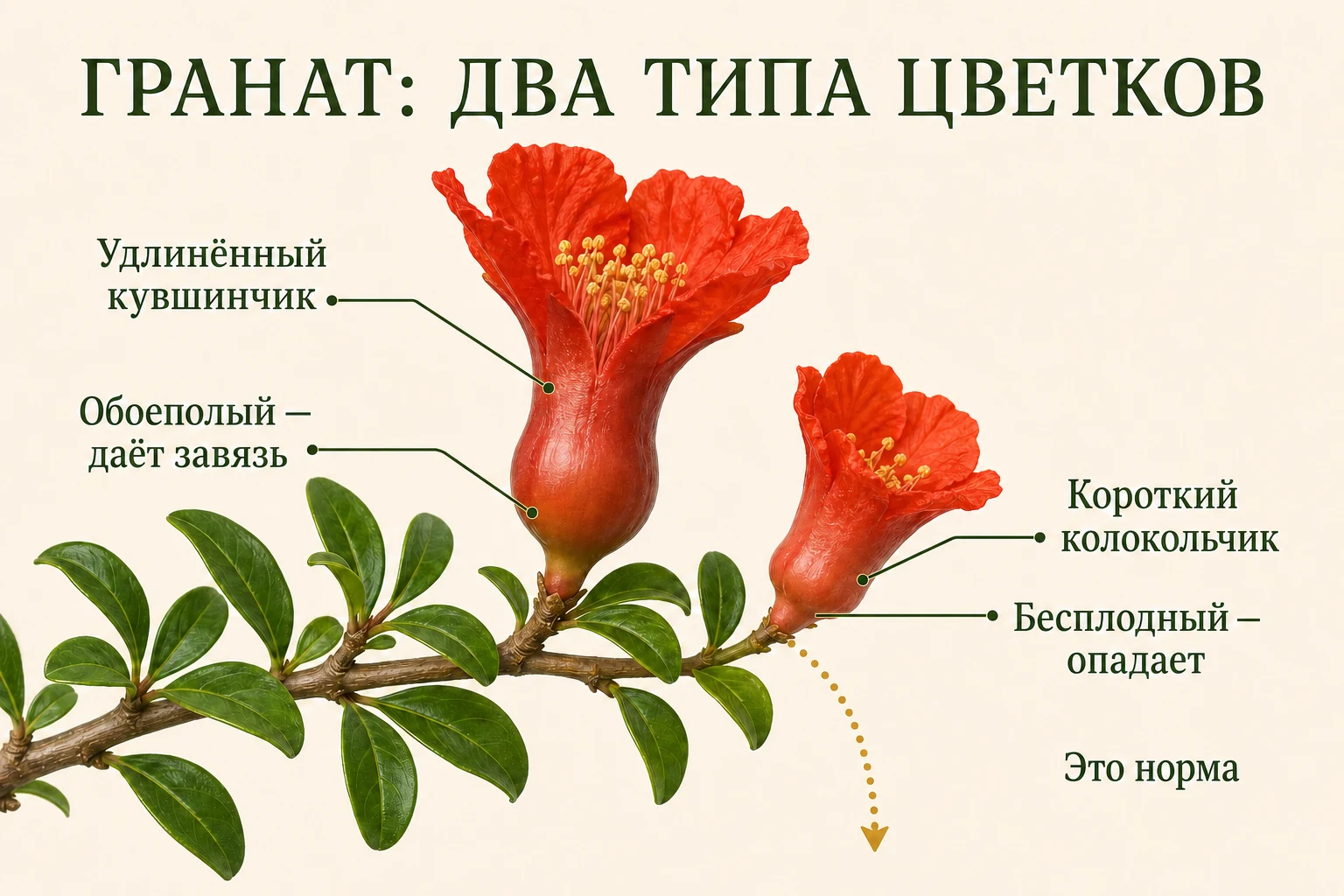 Два алых цветка карликового граната: удлинённый кувшинчатый с завязью и короткий колокольчатый без неё.