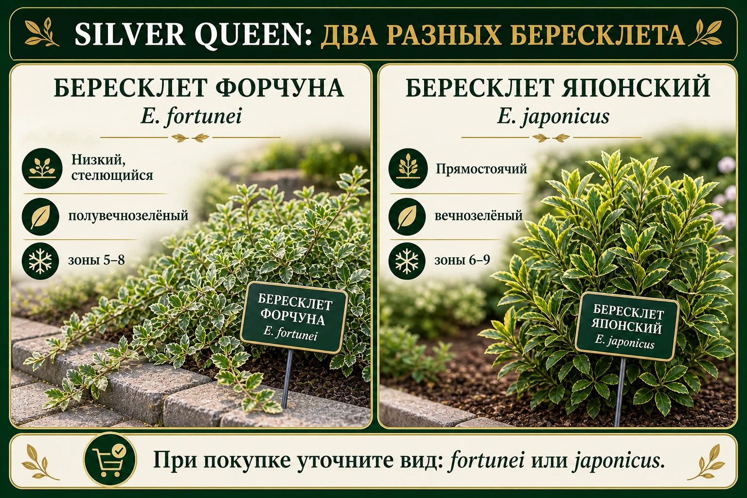 Два разных бересклета Silver Queen: низкий лазящий Форчуна и прямостоячий японский.