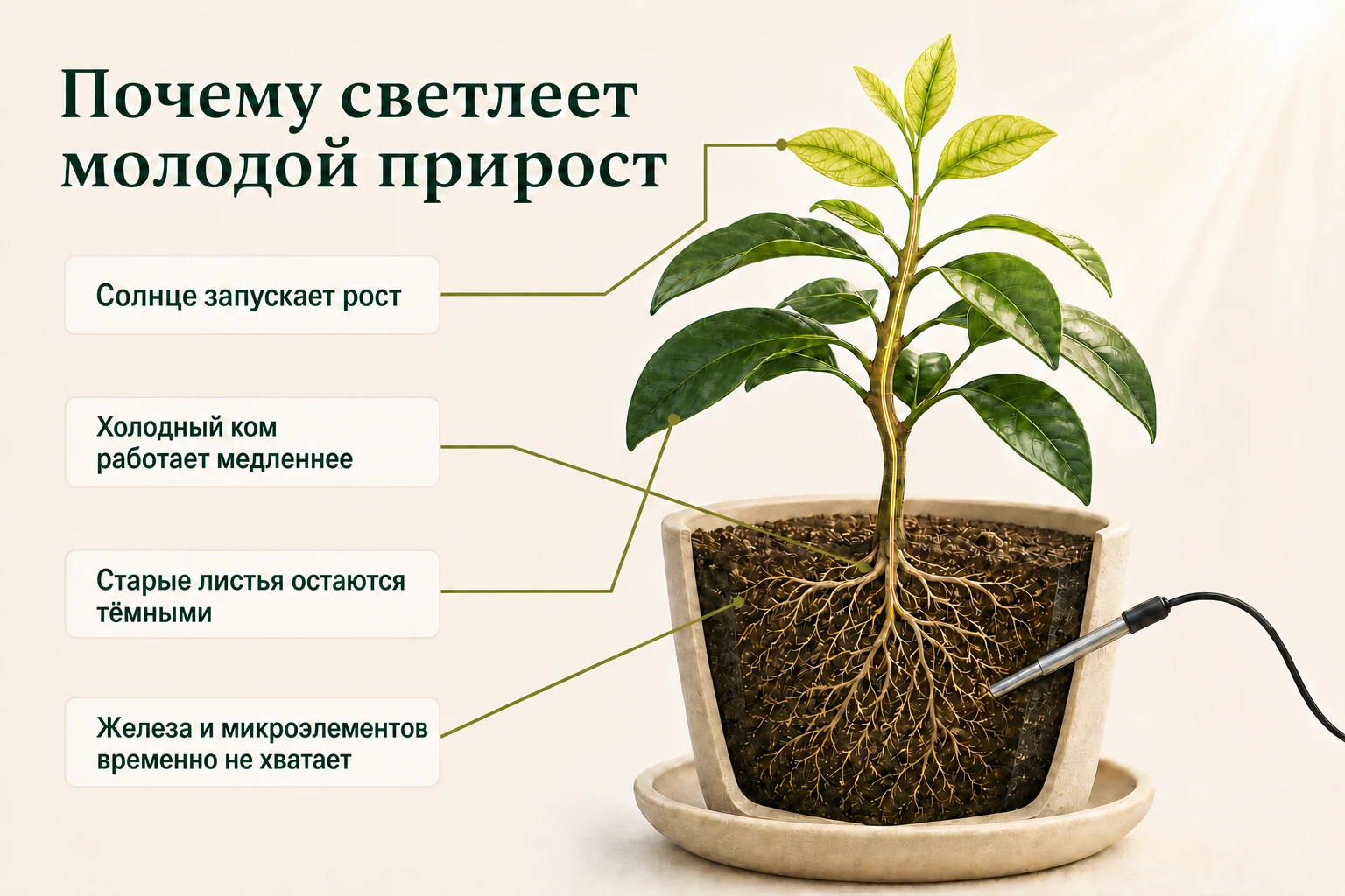 Весенний прирост Уншиу может временно светлеть, когда солнце уже ускорило крону, а корни в холодном коме работают медленнее.