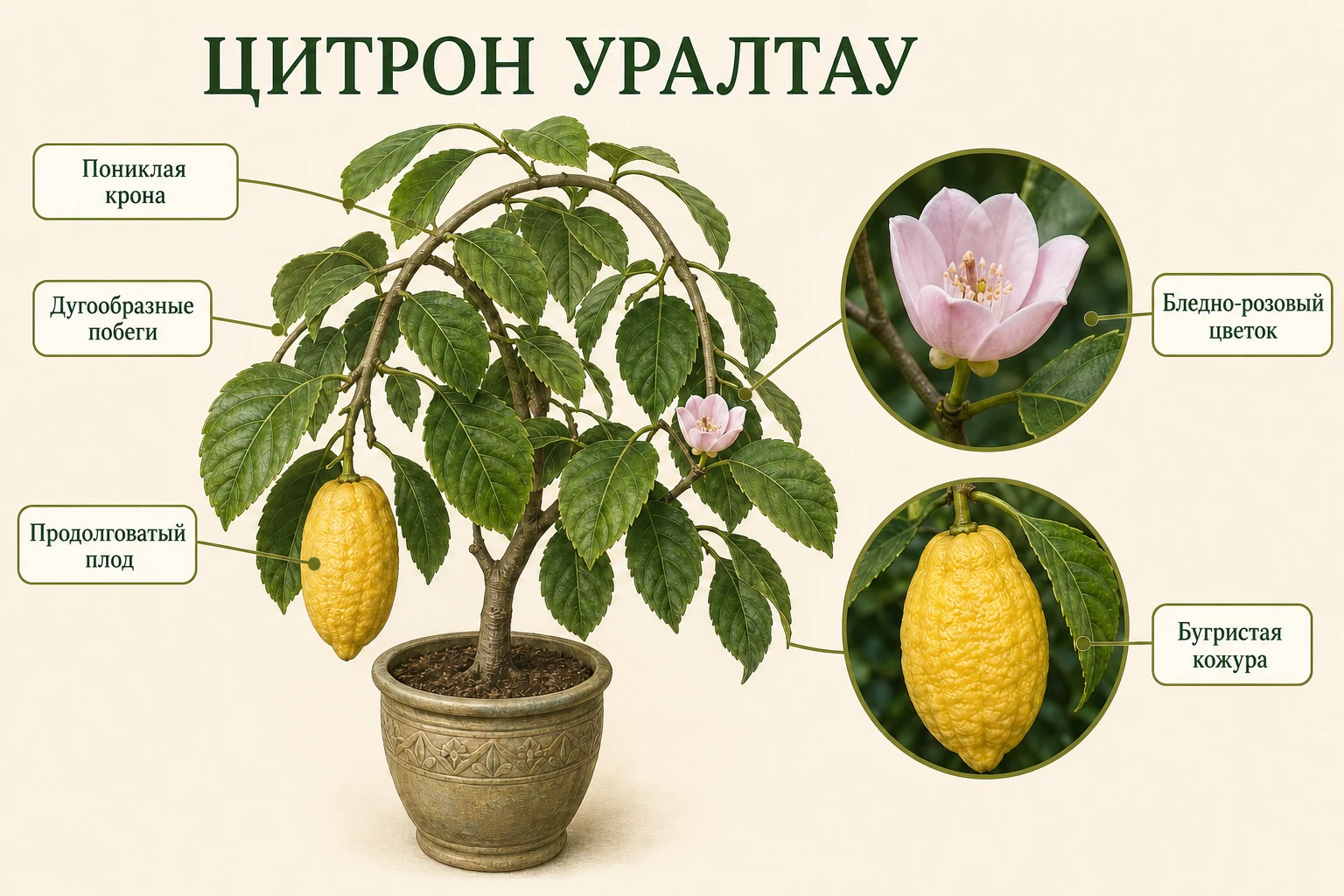 Пониклая крона цитрона Уралтау с бледно-розовым цветком и продолговатым бугристым плодом.