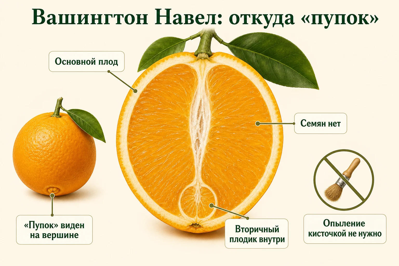 Продольный разрез Вашингтон Навела показывает внутренний вторичный плодик, который образует пупок, и бессемянную мякоть.
