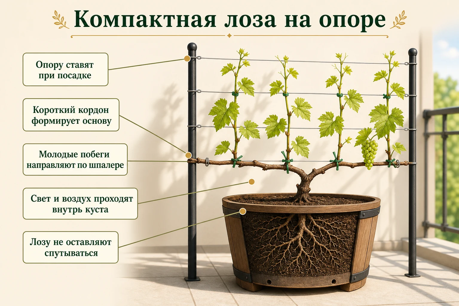 Компактный виноград в кадке: короткий кордон и раздельные молодые побеги на балконной шпалере.