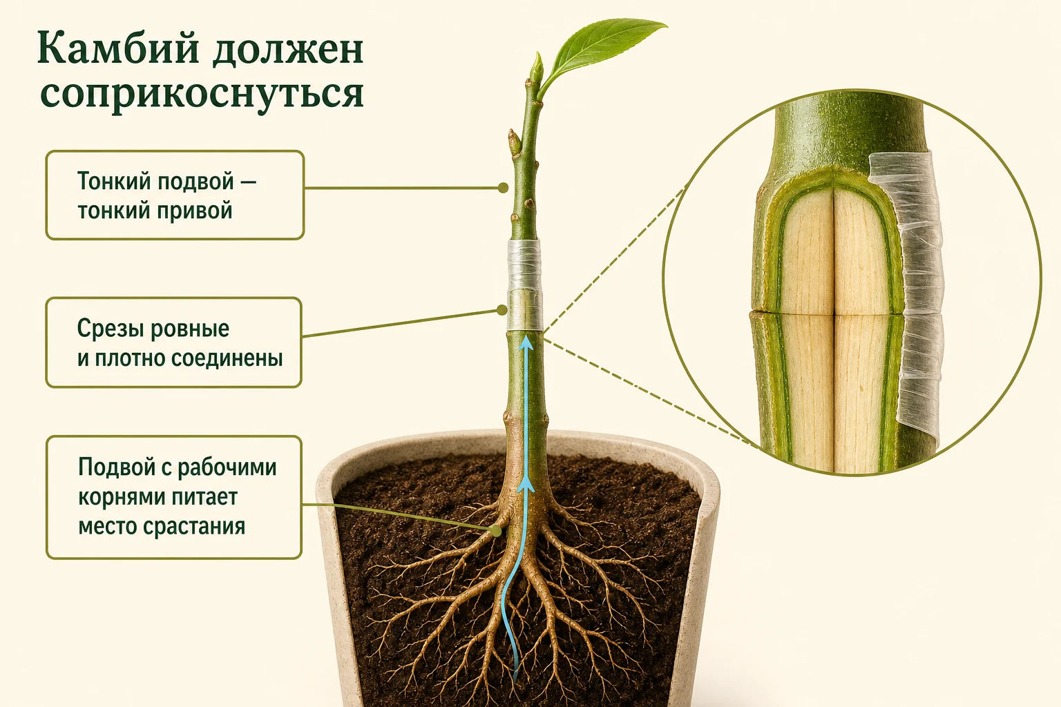 Тонкий привой плотно соединён с тонким подвоем так, чтобы их камбиальные слои соприкасались, а рабочие корни снабжали место прививки.