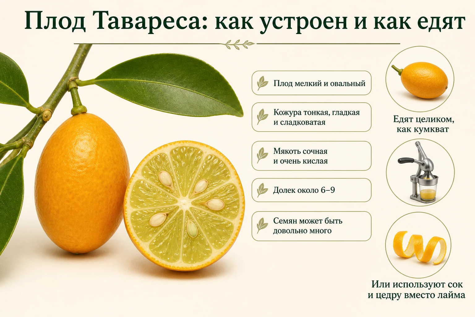 Овальный плод лаймквата Таварес и разрез с тонкой кожурой, восемью дольками и несколькими семенами.