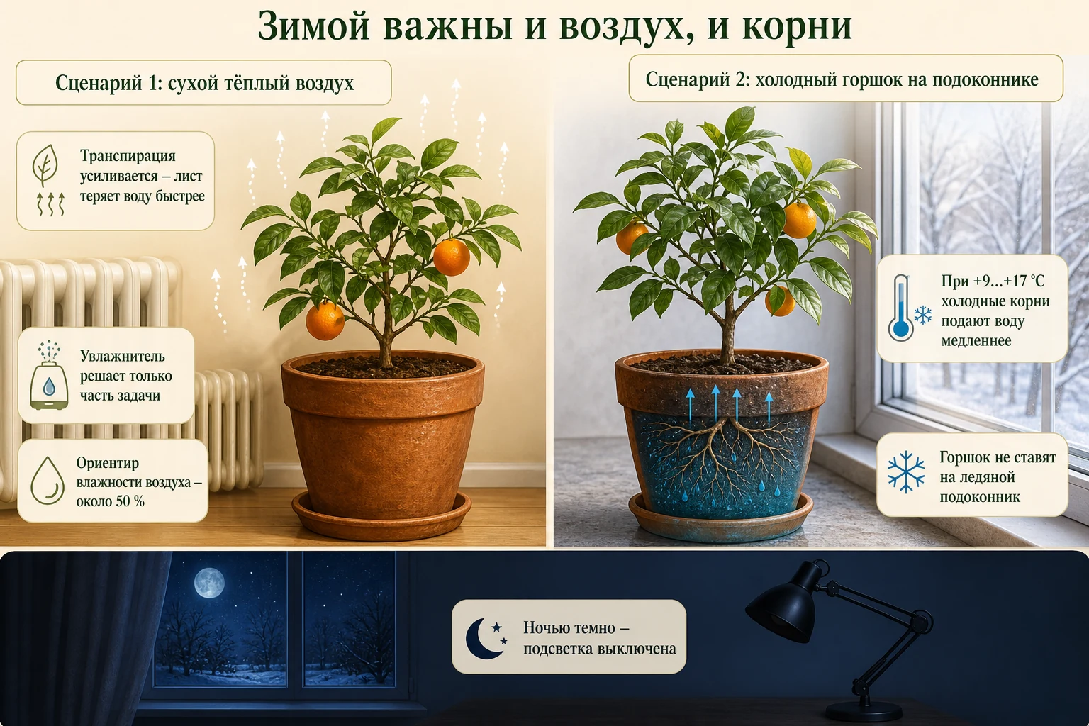 Два зимних сценария: сухой тёплый воздух усиливает потерю воды листьями, а холодный горшок замедляет подачу воды корнями.