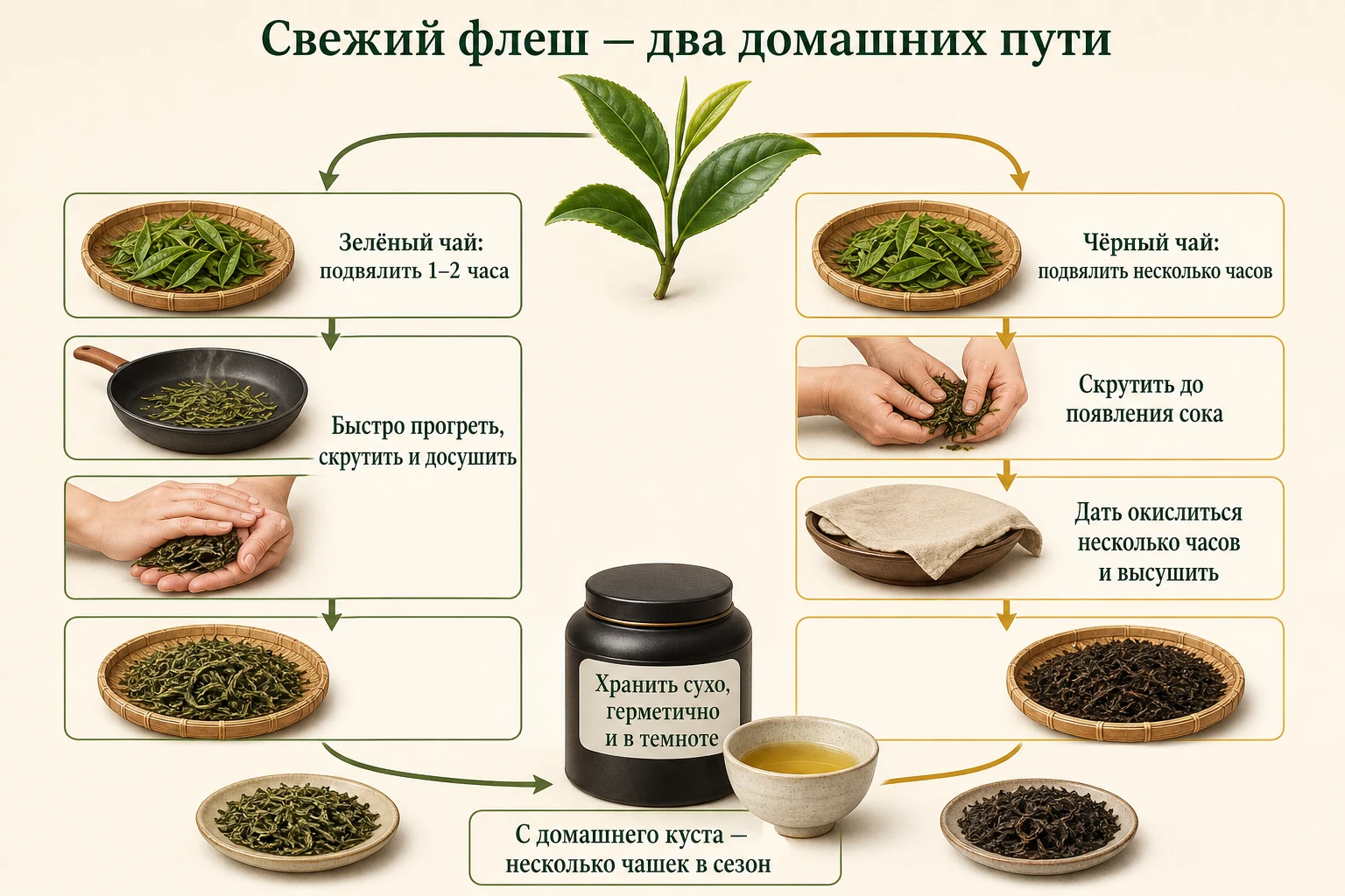 Домашняя обработка чайного флеша: отдельные пути для зелёного и чёрного чая, затем сушка и хранение.