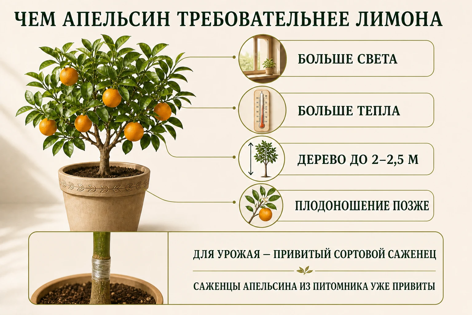 Четыре отличия комнатного апельсина от лимона и видимое место прививки сортового саженца