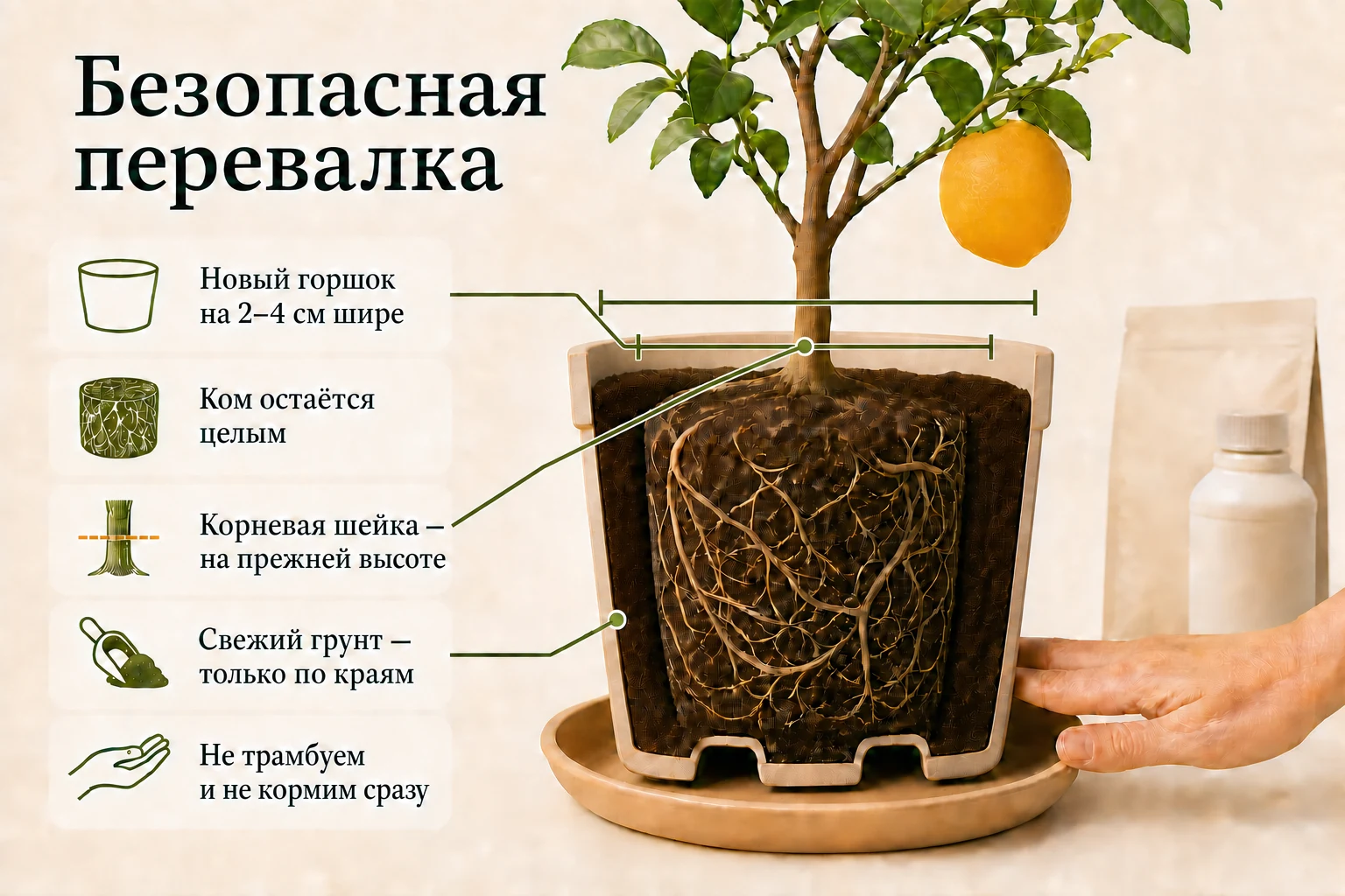 При безопасной перевалке цельный ком ставят в горшок на два–четыре сантиметра шире и сохраняют прежний уровень корневой шейки.
