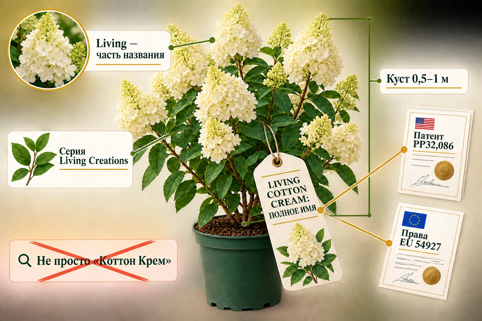 Куст Living Cotton Cream с полной сортовой биркой и карточками патента PP32,086 и прав EU 54927.