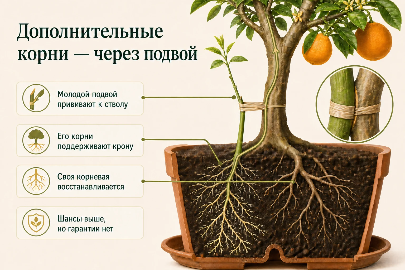 Молодой подвой с собственной корневой системой прививают к стволу ослабленного цитруса, чтобы временно поддержать крону дополнительными корнями.