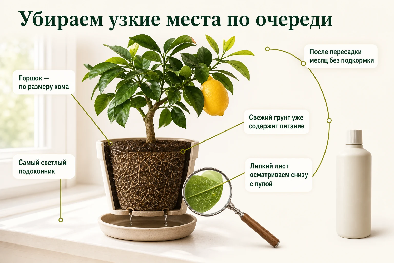 Лимон пересаживают в соразмерный горшок, ставят на свет, месяц не подкармливают и отдельно осматривают липкий лист снизу.