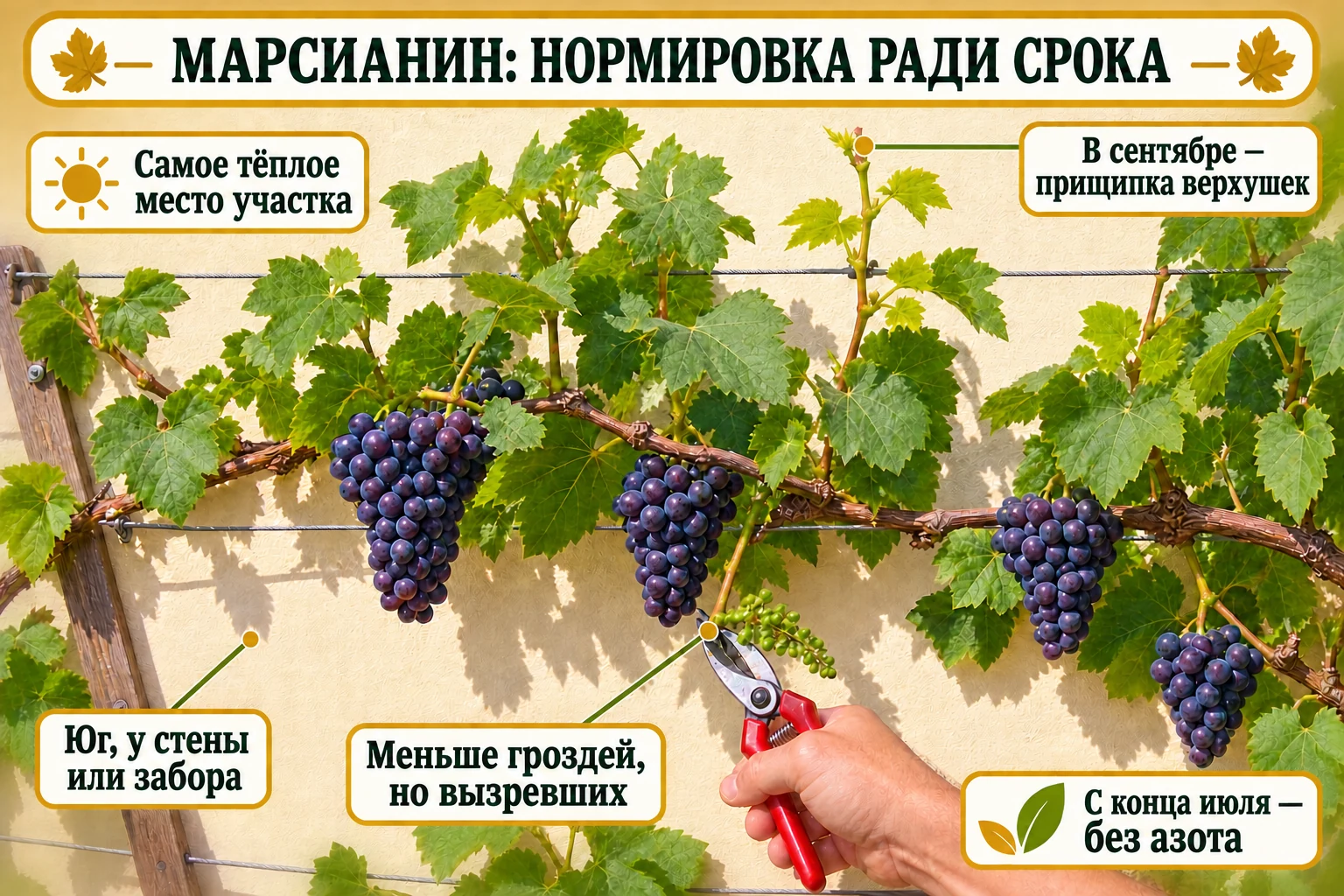 Лоза Марсианина у тёплой стены с нормировкой гроздей и прищипкой верхушки ради вызревания.
