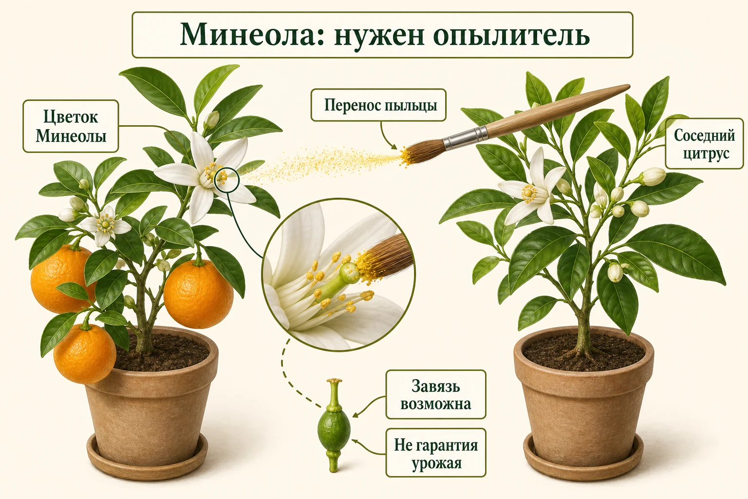 Ручной перенос пыльцы с соседнего цитруса на цветок Минеолы как помощь частично самонесовместимому сорту.