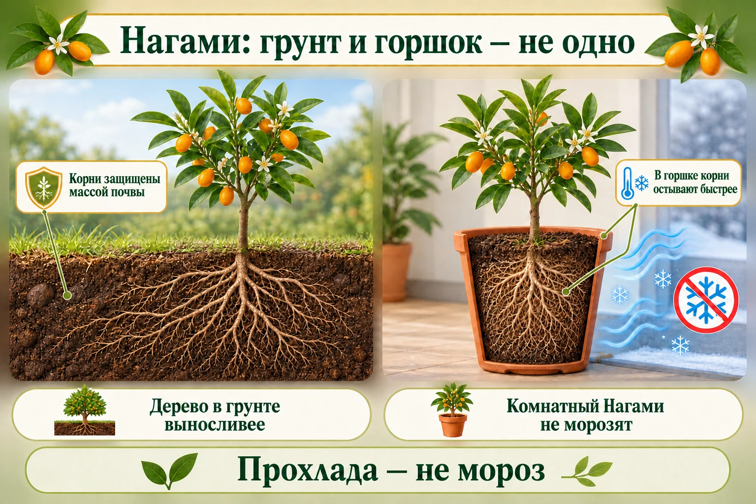 Сравнение корней Нагами в массе открытого грунта и в ограниченном горшке, который быстрее остывает.