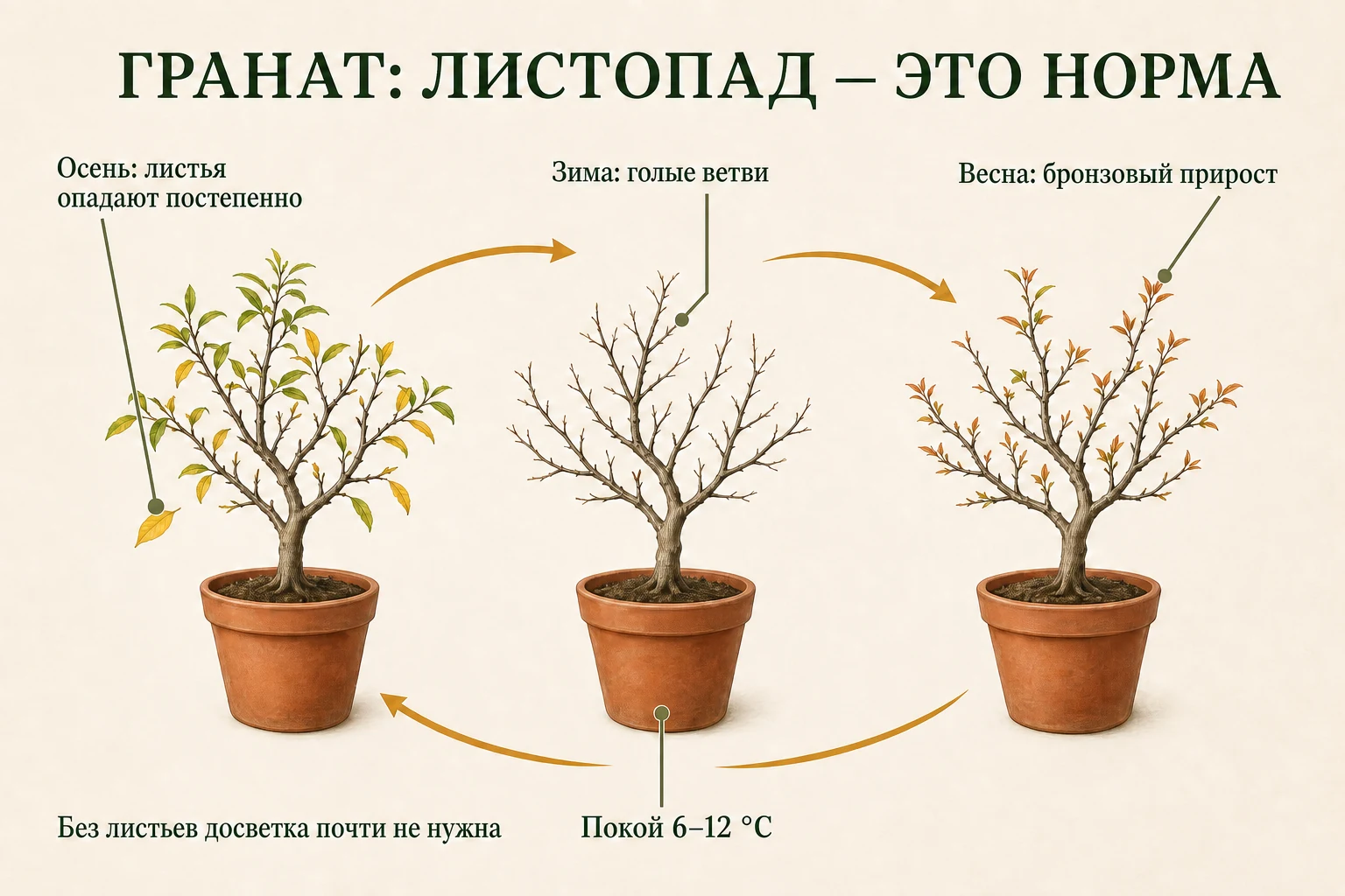 Три состояния карликового граната: постепенный осенний листопад, зимние голые ветви и бронзовый весенний прирост.