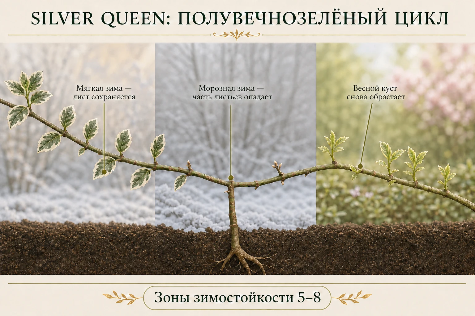 Один побег бересклета Silver Queen с сохранением листьев в мягкую зиму, частичным листопадом в мороз и весенним отрастанием.