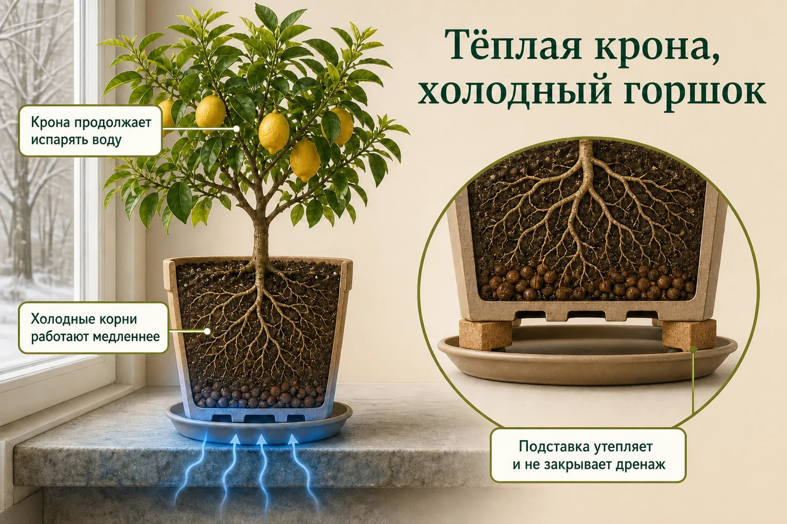 Тёплая крона продолжает испарять воду, пока холодный горшок замедляет работу корней; утепляющая подставка оставляет дренаж открытым.