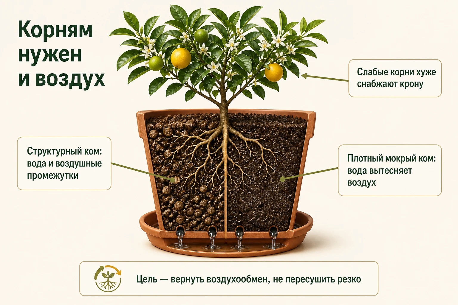Учебный разрез горшка: структурный корневой ком с воздушными промежутками и плотный мокрый ком с малым воздухообменом.