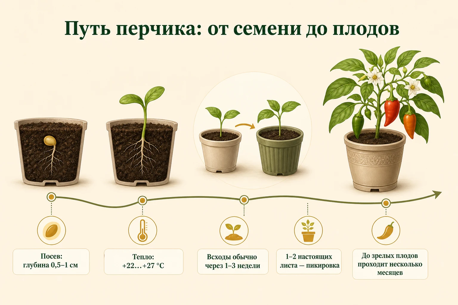 Этапы выращивания декоративного перца: посев, всход, пикировка, цветение и созревание плодов.