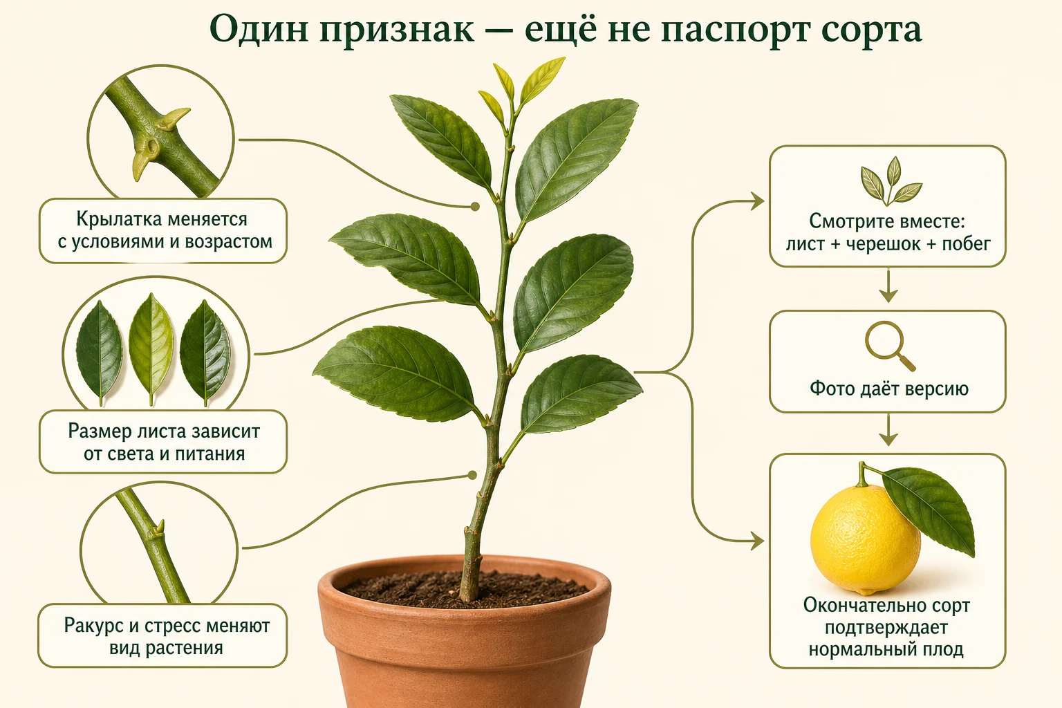 Схема надёжности определения сорта лимона: лист, черешок и побег дают версию, а нормальный плод подтверждает её.