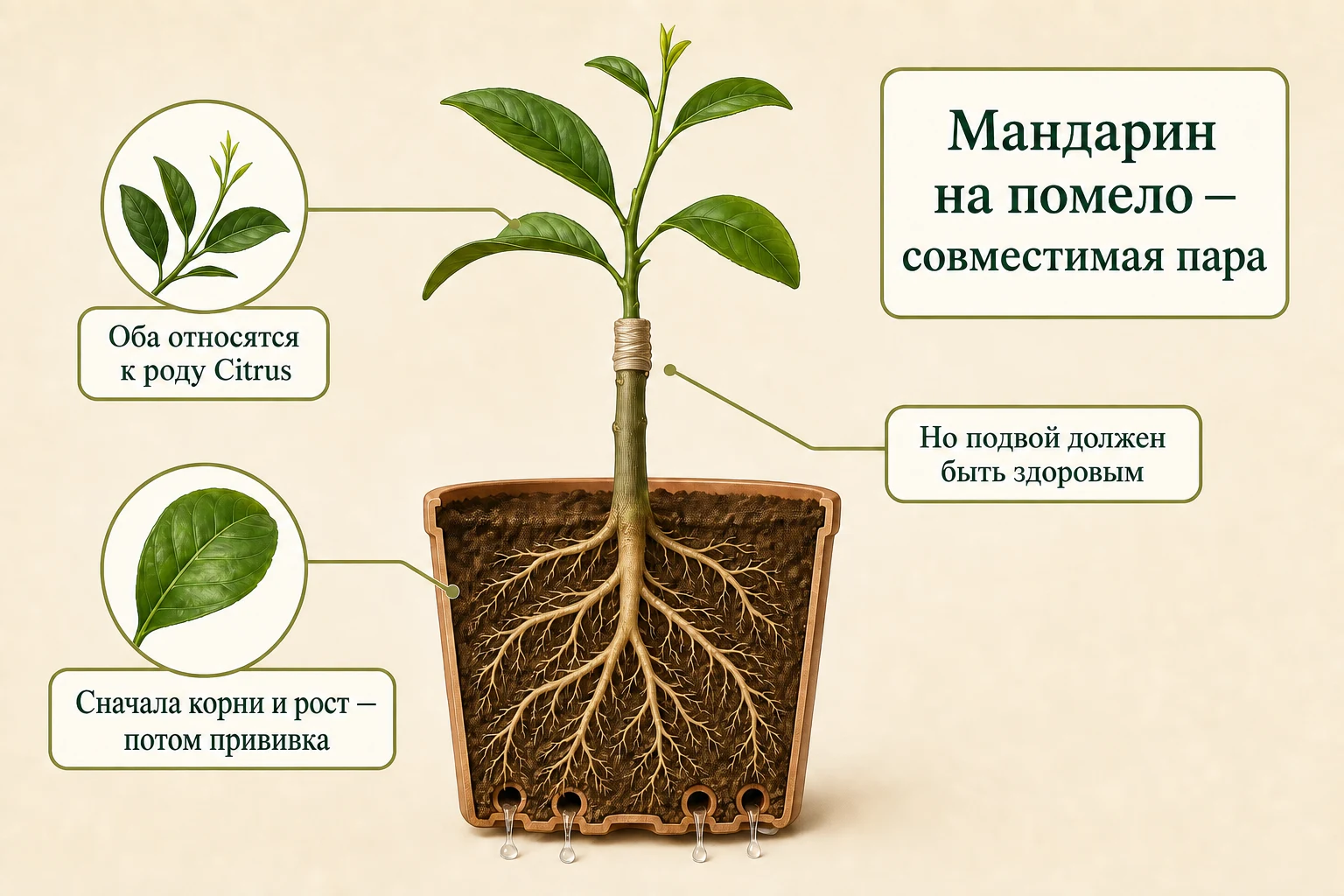 Ветка мандарина физически привита на здоровый сеянец помело с развитой корневой системой.