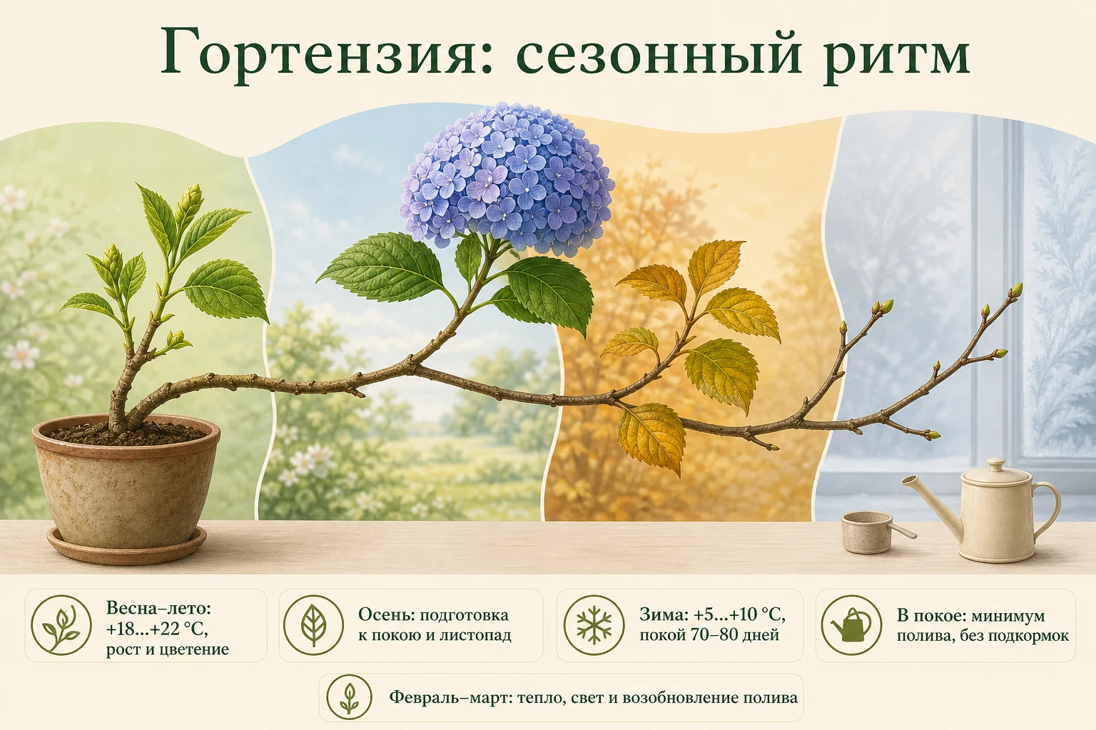 Сезонный цикл комнатной гортензии: летнее цветение, осенний листопад, зимний покой при 5–10 °C и весеннее пробуждение.