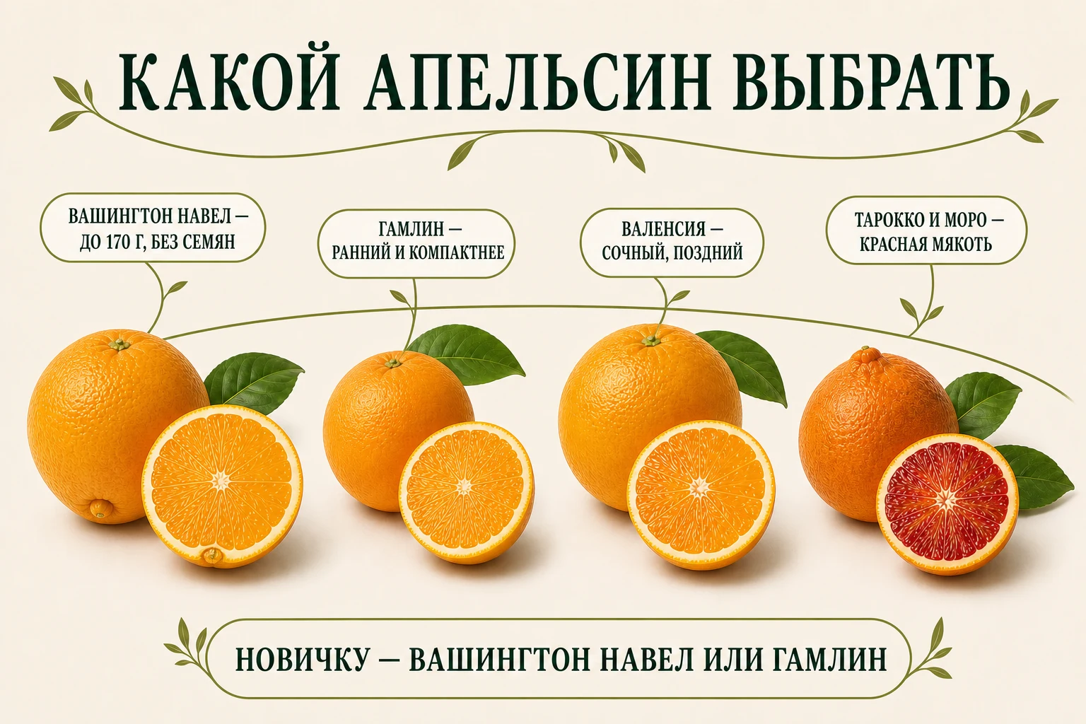Сравнение домашних апельсинов Вашингтон Навел, Гамлин, Валенсия, Тарокко и Моро