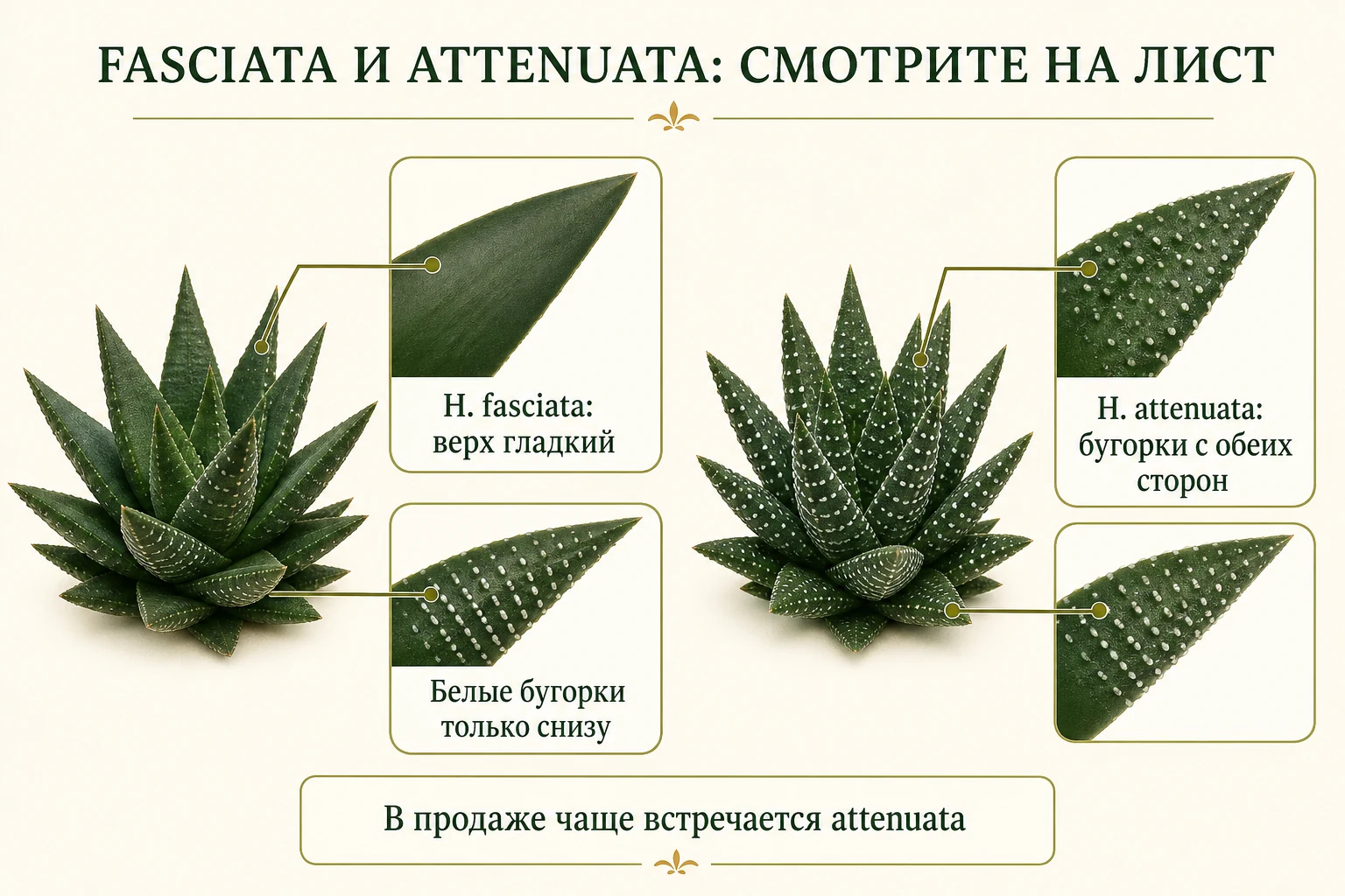 Сравнение гладкой верхней стороны листа H. fasciata и бугорков с обеих сторон у H. attenuata.