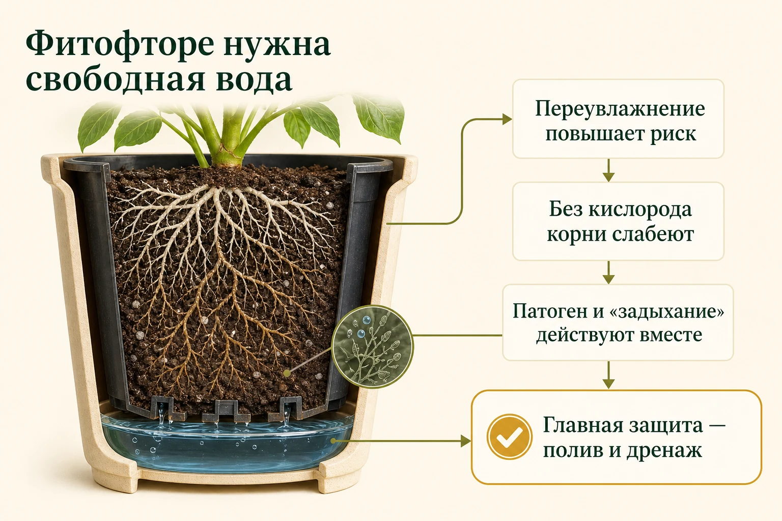 Вода, задержавшаяся в декоративном кашпо, перекрывает свободный сток, уменьшает доступ кислорода и повышает риск фитофтороза корней.