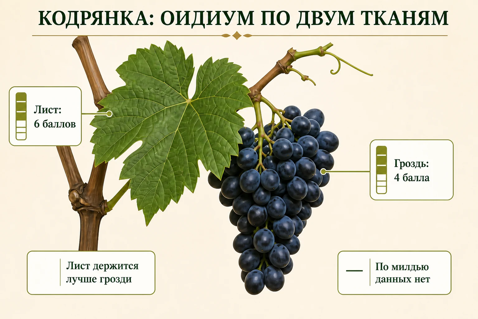 Побег Кодрянки с раздельными оценками оидиума 6 баллов для листа и 4 балла для грозди и пустым полем милдью.