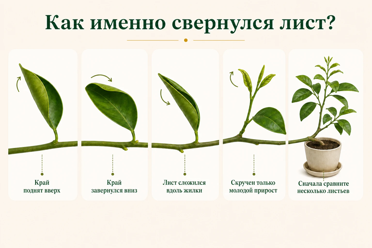 Карта четырёх вариантов скручивания прикреплённых листьев цитруса и рекомендация сравнить несколько листьев на ветке.