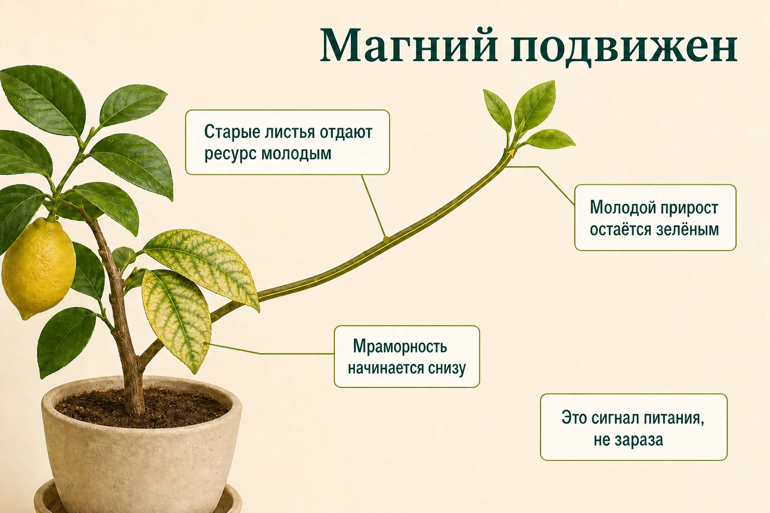 При нехватке подвижного магния старые нижние листья мраморно светлеют, а молодой терминальный прирост остаётся зелёным.