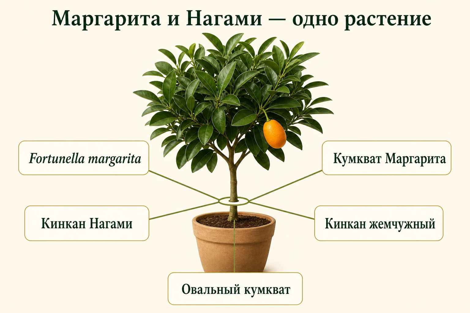 Одно дерево овального кумквата объединяет названия Fortunella margarita, Маргарита, Нагами и кинкан жемчужный.