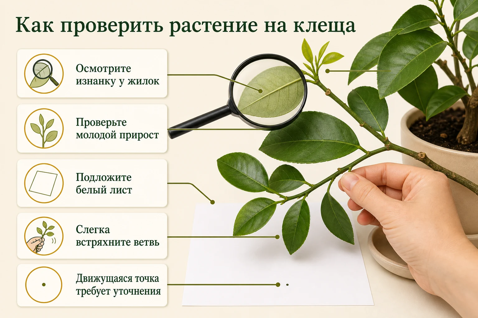 Проверка цитруса на паутинного клеща с лупой и белым листом под ветвью.