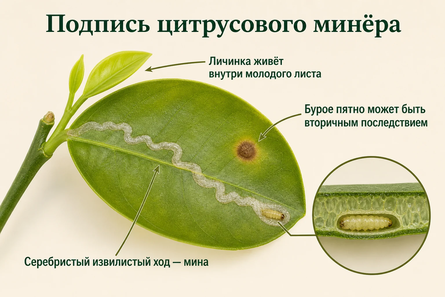 Цитрусовый минёр оставляет серебристый извилистый ход внутри молодого листа, где личинка находится между кожицами.