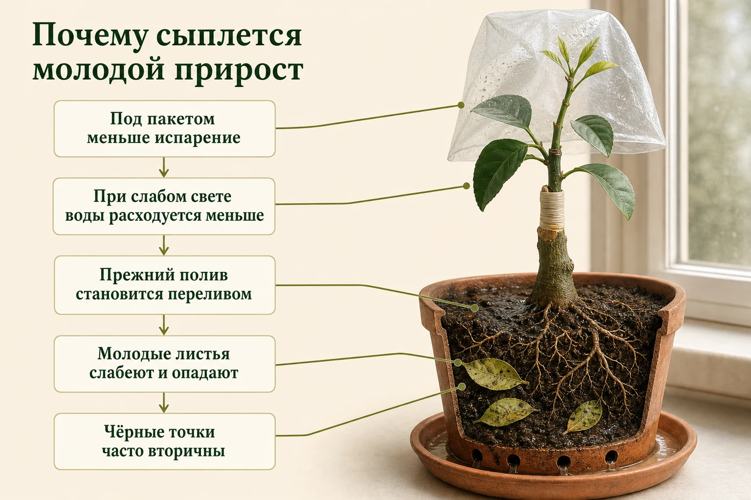 Под пакетом и при слабом свете расход воды падает, прежний полив становится избыточным, а молодой прирост ослабевает и осыпается.