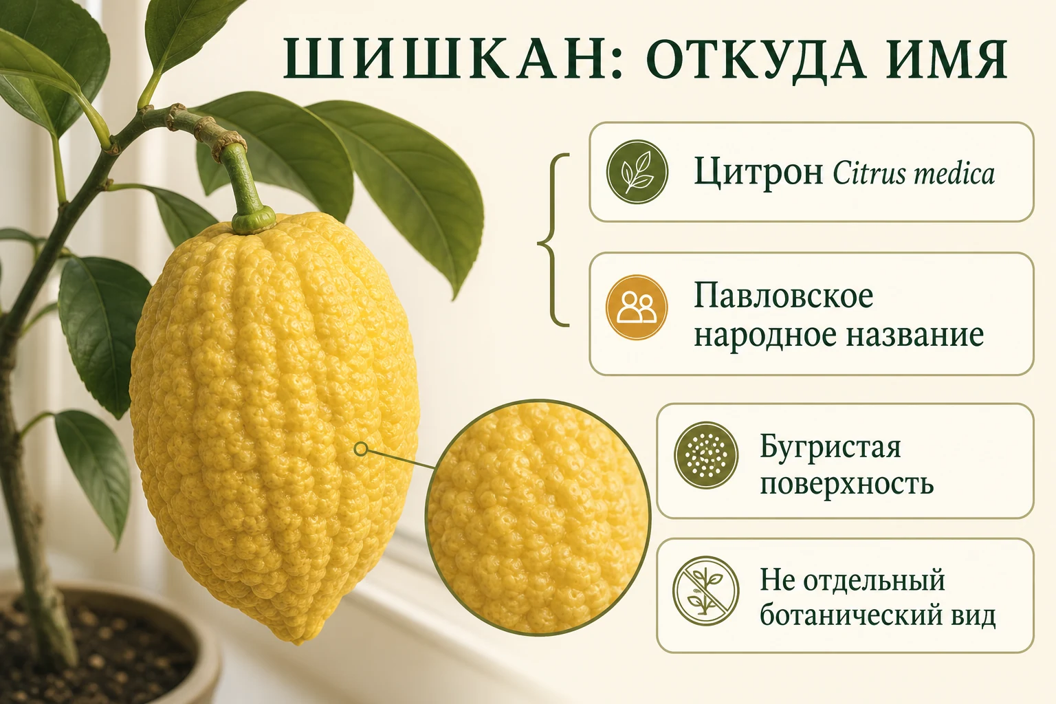 Бугристый толстокожий цитрон, который в Павлове получил народное название Шишкан.
