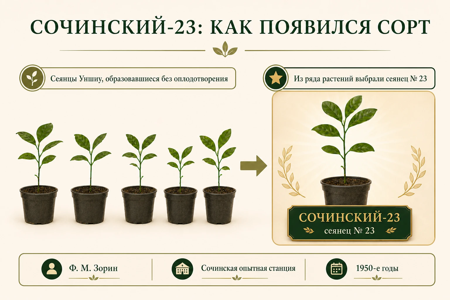 Ряд сеянцев мандарина Уншиу с выделенным экземпляром №23, отобранным Ф. М. Зориным на Сочинской станции.